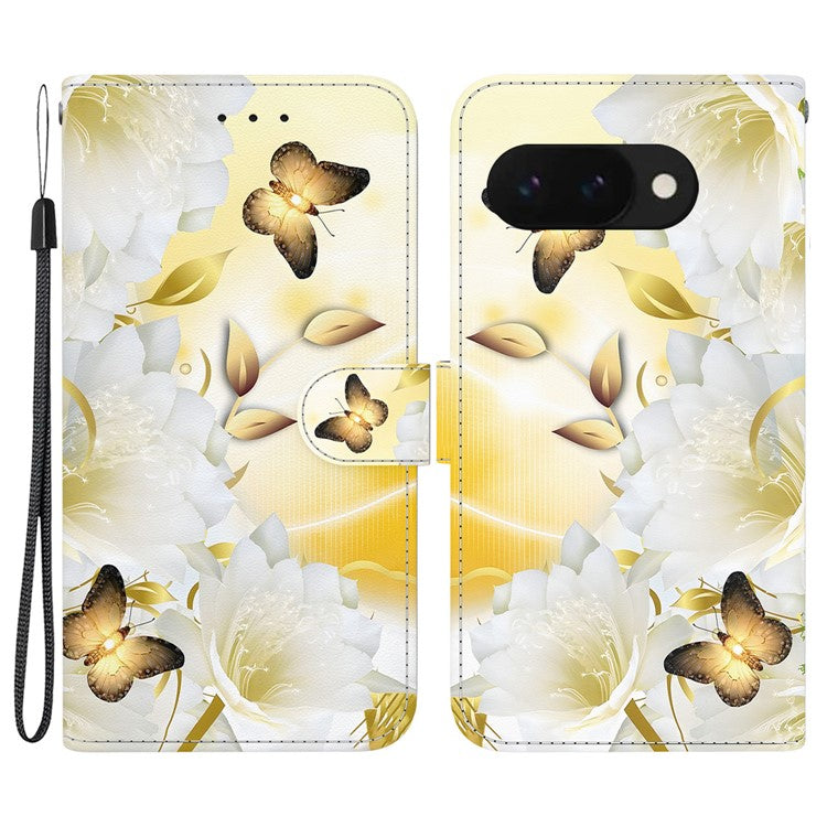 For Google Pixel 9a Wallet Phone Case Anti-Drop Leather Flip Cover Pattern Printing - Gold Butterfly Flower