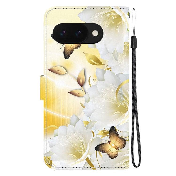 For Google Pixel 9a Wallet Phone Case Anti-Drop Leather Flip Cover Pattern Printing - Gold Butterfly Flower