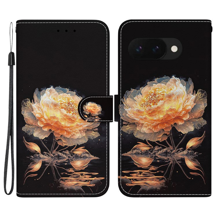 For Google Pixel 9a Wallet Phone Case Anti-Drop Leather Flip Cover Pattern Printing - Gold Peony