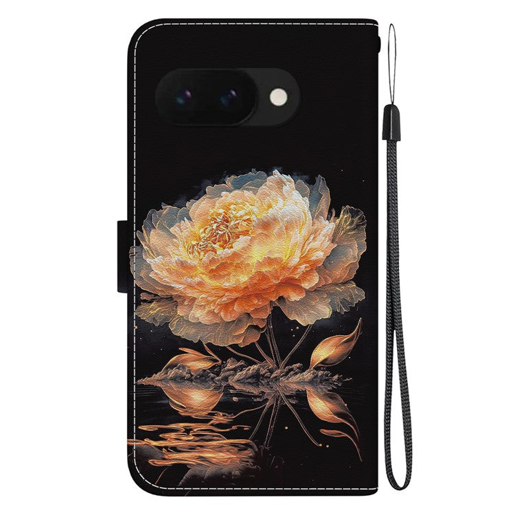 For Google Pixel 9a Wallet Phone Case Anti-Drop Leather Flip Cover Pattern Printing - Gold Peony