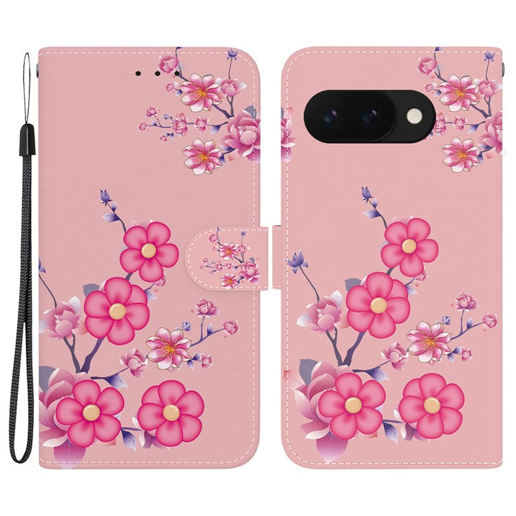 For Google Pixel 9a Wallet Phone Case Anti-Drop Leather Flip Cover Pattern Printing - Sakura