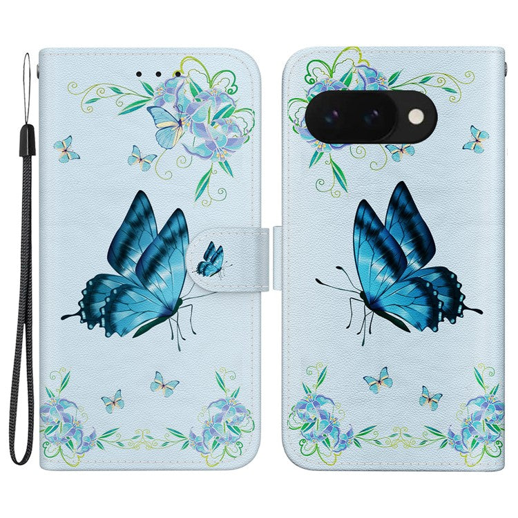 For Google Pixel 9a Wallet Phone Case Anti-Drop Leather Flip Cover Pattern Printing - Blue Butterfly Flower