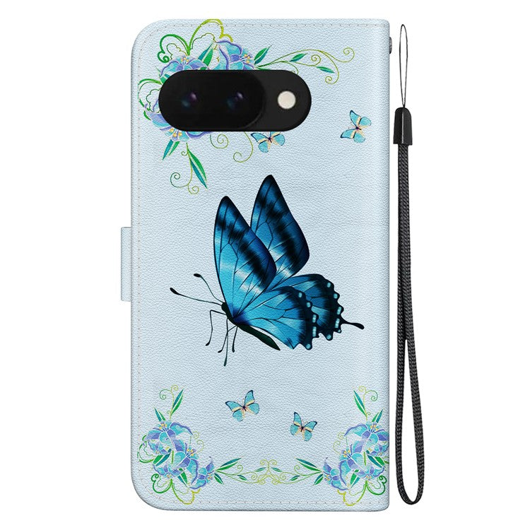 For Google Pixel 9a Wallet Phone Case Anti-Drop Leather Flip Cover Pattern Printing - Blue Butterfly Flower