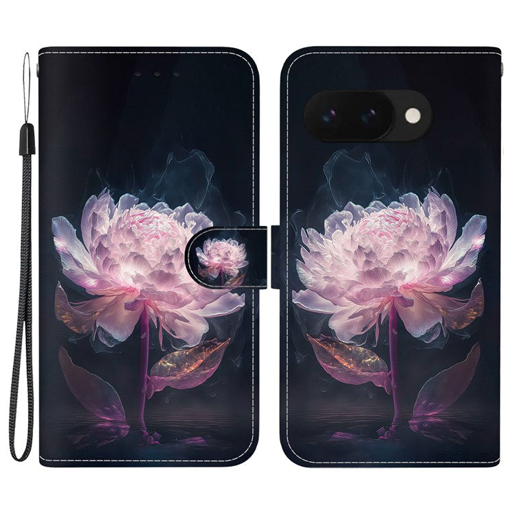 For Google Pixel 9a Wallet Phone Case Anti-Drop Leather Flip Cover Pattern Printing - Purple Peony