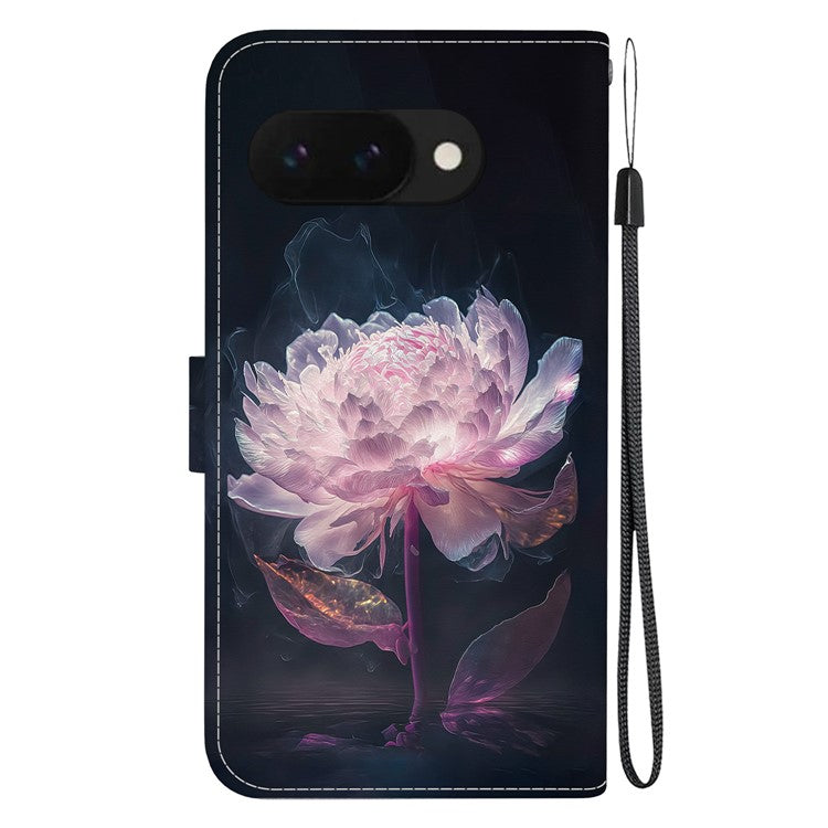 For Google Pixel 9a Wallet Phone Case Anti-Drop Leather Flip Cover Pattern Printing - Purple Peony