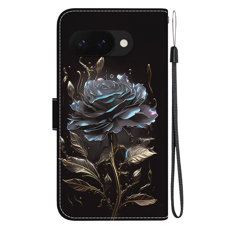 For Google Pixel 9a Wallet Phone Case Anti-Drop Leather Flip Cover Pattern Printing - Black Rose