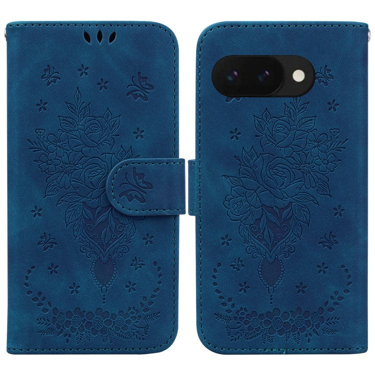 For Google Pixel 9a Case PU Leather Wallet Phone Cover Butterfly Flower Imprint - Blue