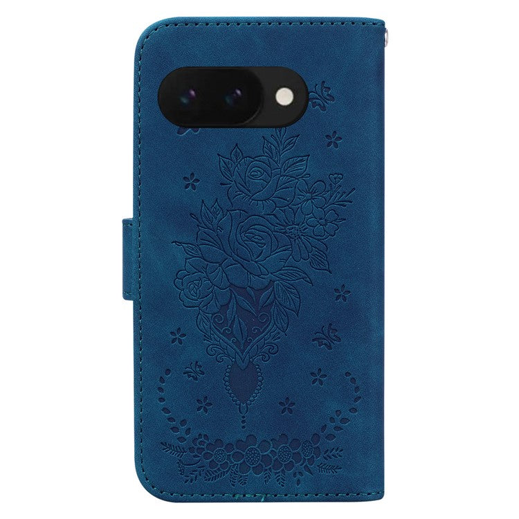 For Google Pixel 9a Case PU Leather Wallet Phone Cover Butterfly Flower Imprint - Blue