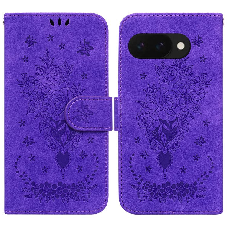 For Google Pixel 9a Case PU Leather Wallet Phone Cover Butterfly Flower Imprint - Purple