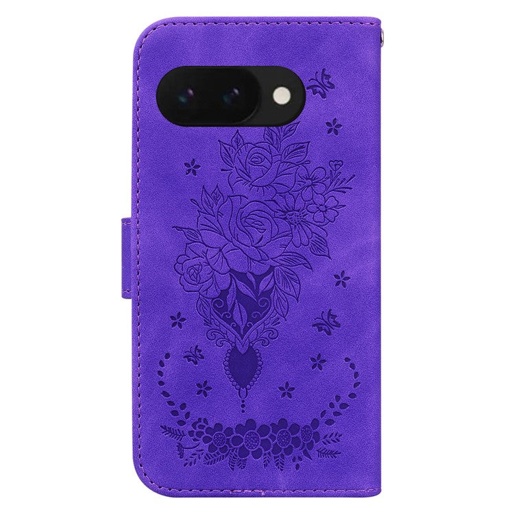 For Google Pixel 9a Case PU Leather Wallet Phone Cover Butterfly Flower Imprint - Purple