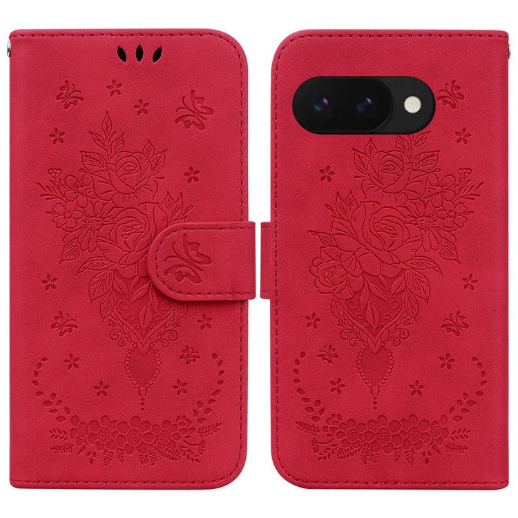 For Google Pixel 9a Case PU Leather Wallet Phone Cover Butterfly Flower Imprint - Red