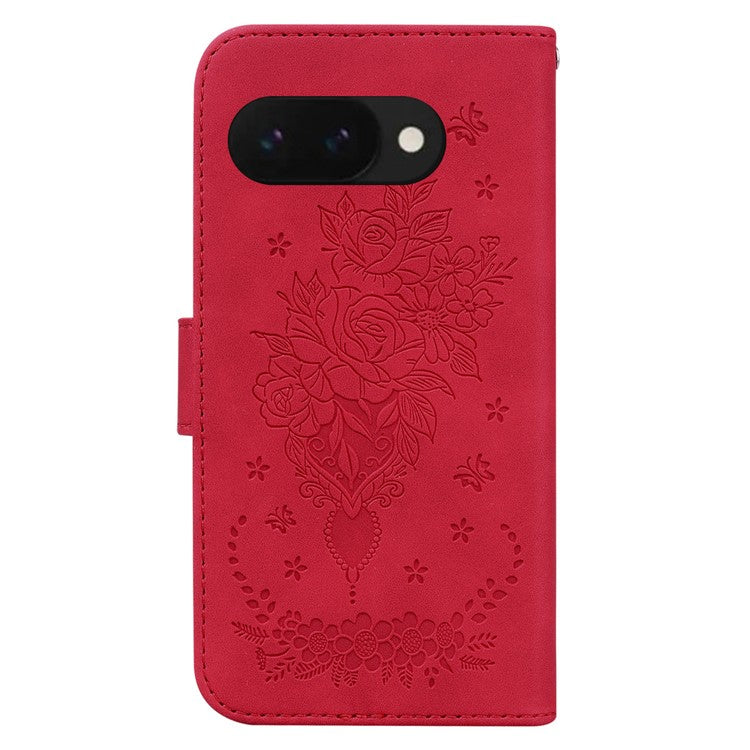 For Google Pixel 9a Case PU Leather Wallet Phone Cover Butterfly Flower Imprint - Red