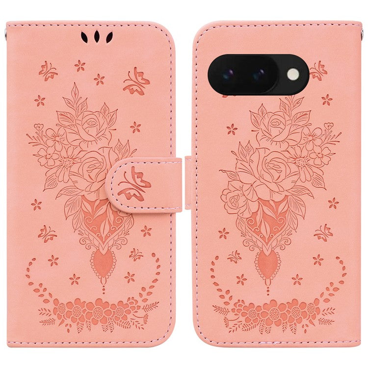 For Google Pixel 9a Case PU Leather Wallet Phone Cover Butterfly Flower Imprint - Pink