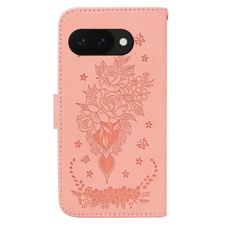 For Google Pixel 9a Case PU Leather Wallet Phone Cover Butterfly Flower Imprint - Pink