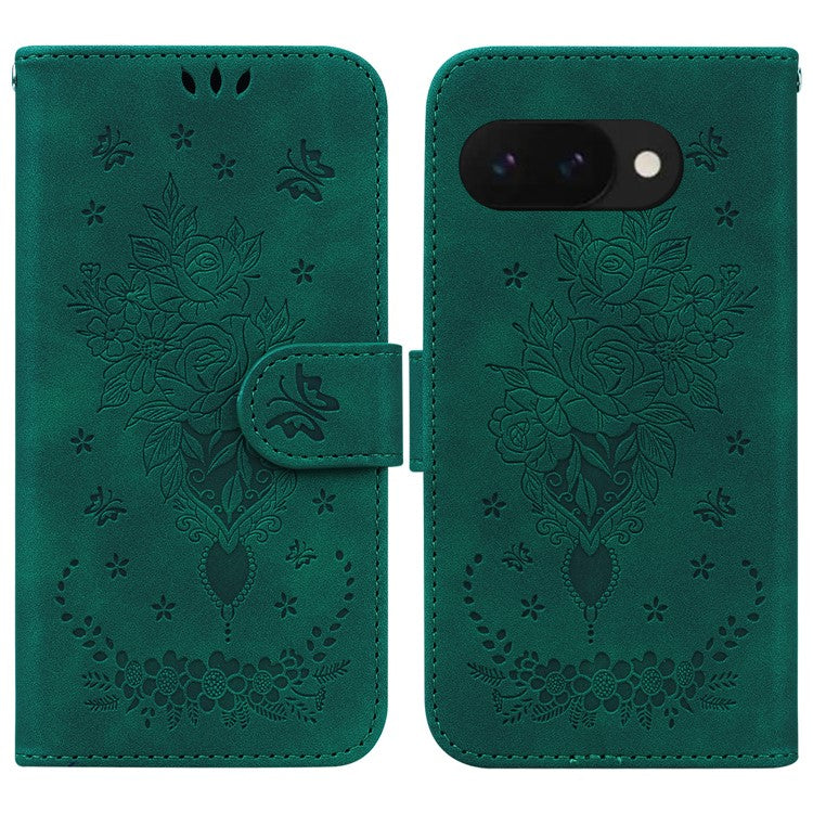 For Google Pixel 9a Case PU Leather Wallet Phone Cover Butterfly Flower Imprint - Green