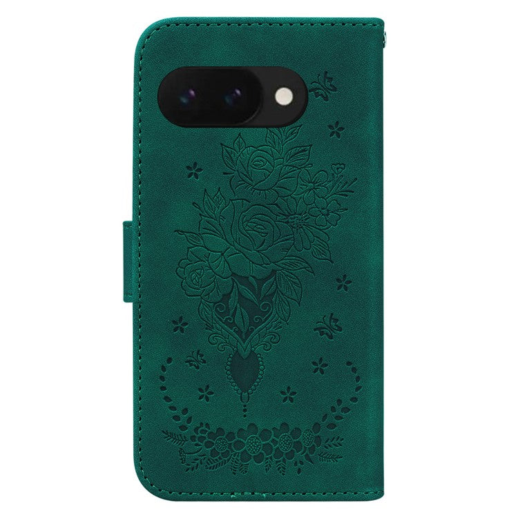 For Google Pixel 9a Case PU Leather Wallet Phone Cover Butterfly Flower Imprint - Green