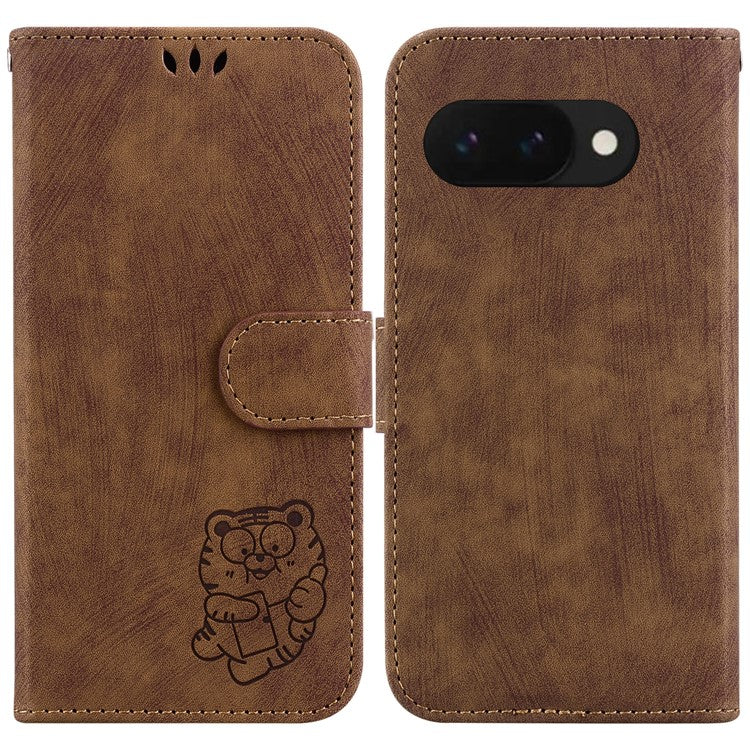 For Google Pixel 9a Wallet Case Tiger Imprint Leather Shockproof Phone Cover - Brown