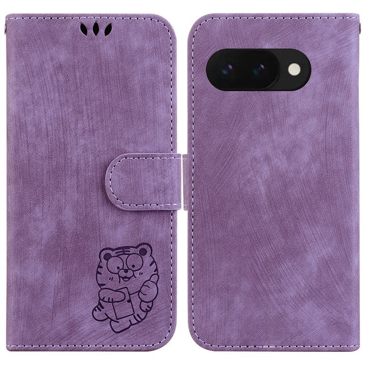 For Google Pixel 9a Wallet Case Tiger Imprint Leather Shockproof Phone Cover - Purple