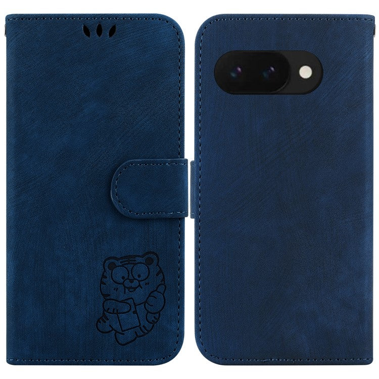 For Google Pixel 9a Wallet Case Tiger Imprint Leather Shockproof Phone Cover - Dark Blue