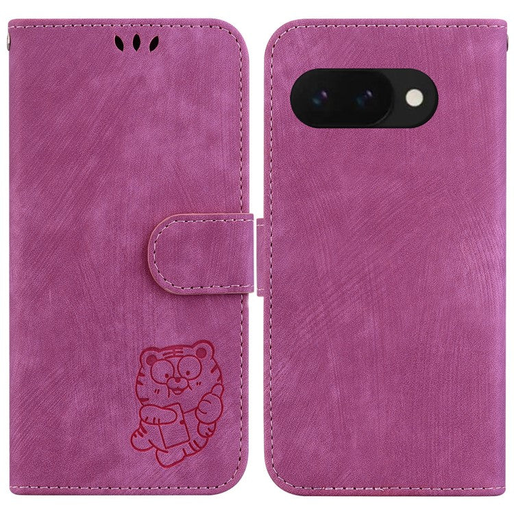 For Google Pixel 9a Wallet Case Tiger Imprint Leather Shockproof Phone Cover - Rose