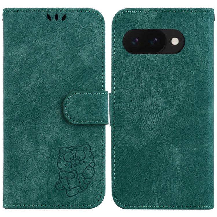 For Google Pixel 9a Wallet Case Tiger Imprint Leather Shockproof Phone Cover - Green