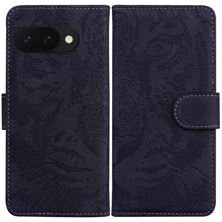 For Google Pixel 9a Case Tiger Imprint Leather Wallet Phone Cover - Black