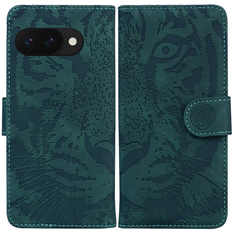 For Google Pixel 9a Case Tiger Imprint Leather Wallet Phone Cover - Green