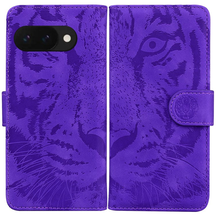 For Google Pixel 9a Case Tiger Imprint Leather Wallet Phone Cover - Purple