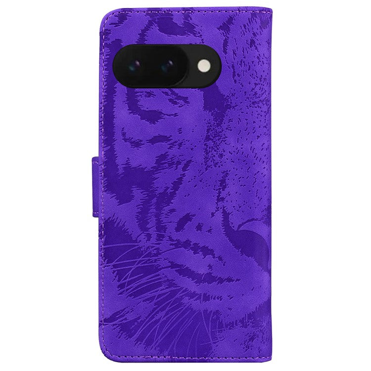 For Google Pixel 9a Case Tiger Imprint Leather Wallet Phone Cover - Purple