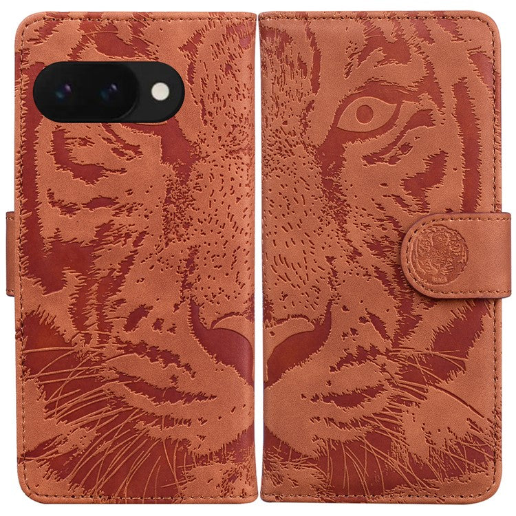 For Google Pixel 9a Case Tiger Imprint Leather Wallet Phone Cover - Brown