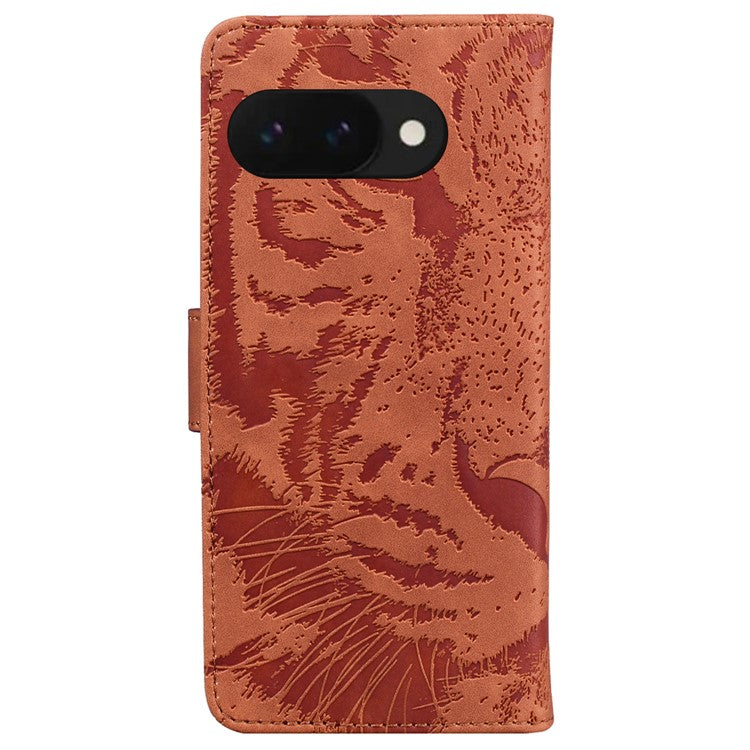 For Google Pixel 9a Case Tiger Imprint Leather Wallet Phone Cover - Brown