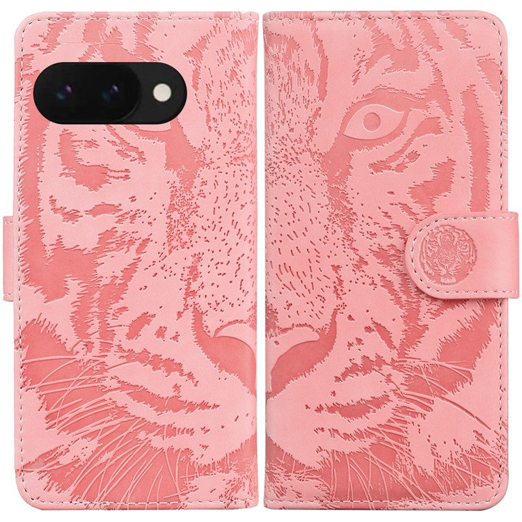 For Google Pixel 9a Case Tiger Imprint Leather Wallet Phone Cover - Pink