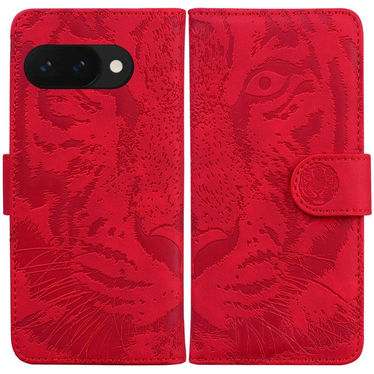 For Google Pixel 9a Case Tiger Imprint Leather Wallet Phone Cover - Red