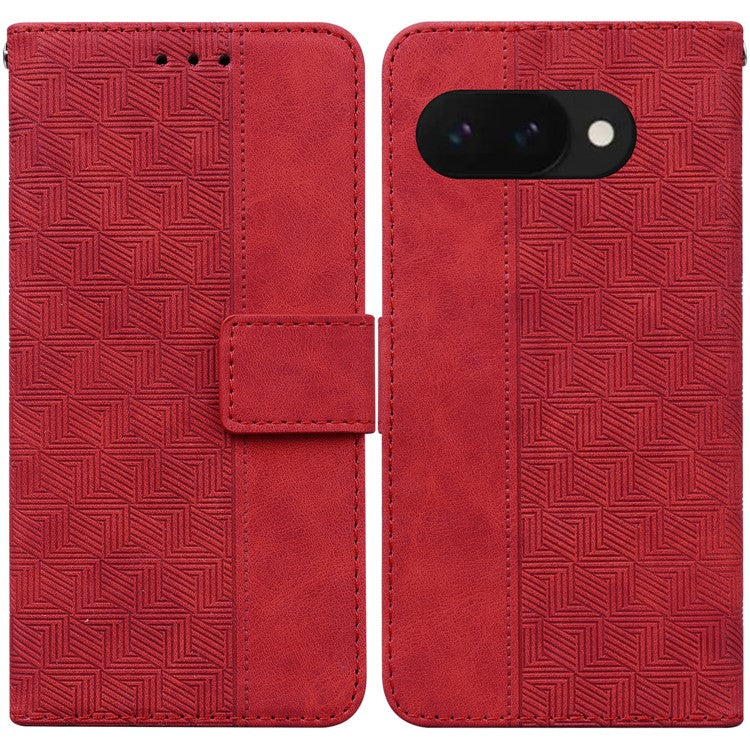 For Google Pixel 9a Case Geometry Pattern Leather Wallet Phone Cover - Red