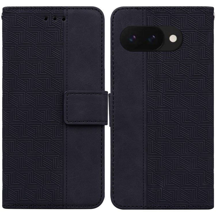 For Google Pixel 9a Case Geometry Pattern Leather Wallet Phone Cover - Black