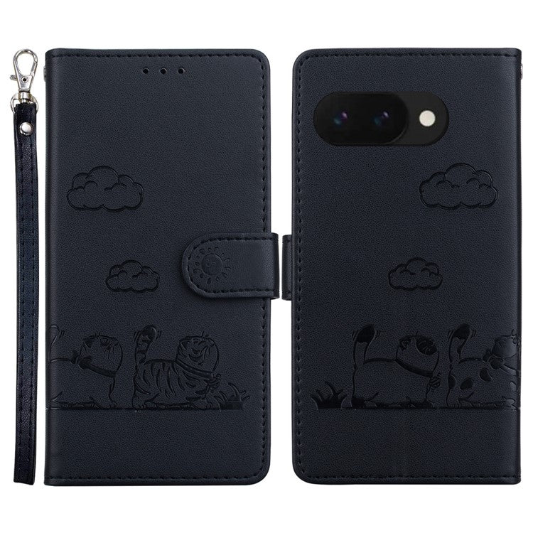 For Google Pixel 9a Case RFID Blocking Kitten Pattern TPU+PU Leather Phone Cover - Black