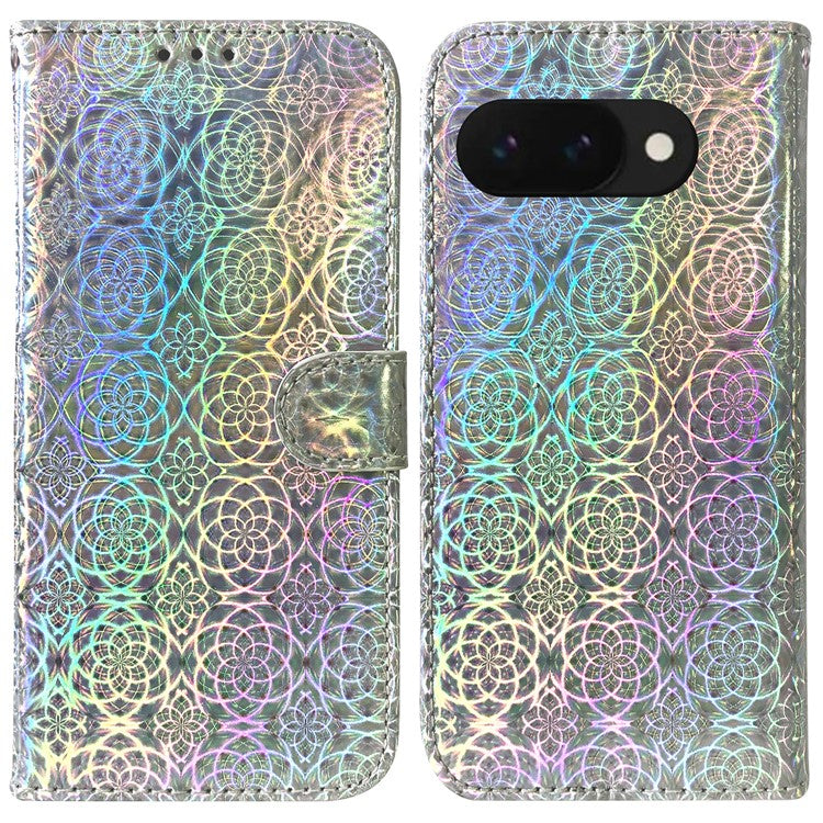 For Google Pixel 9a Stand Case Dazzling Flower Leather Phone Cover - Grey