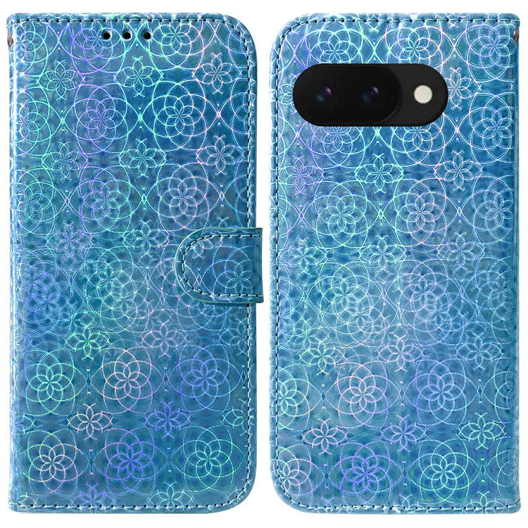 For Google Pixel 9a Stand Case Dazzling Flower Leather Phone Cover - Blue