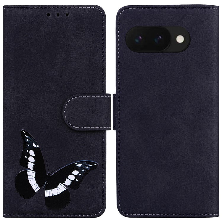 For Google Pixel 9a Stand Case PU Leather Phone Cover Butterfly Printed - Black