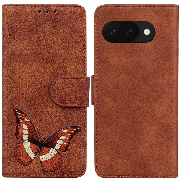 For Google Pixel 9a Stand Case PU Leather Phone Cover Butterfly Printed - Brown