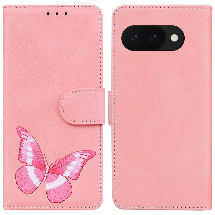 For Google Pixel 9a Stand Case PU Leather Phone Cover Butterfly Printed - Pink