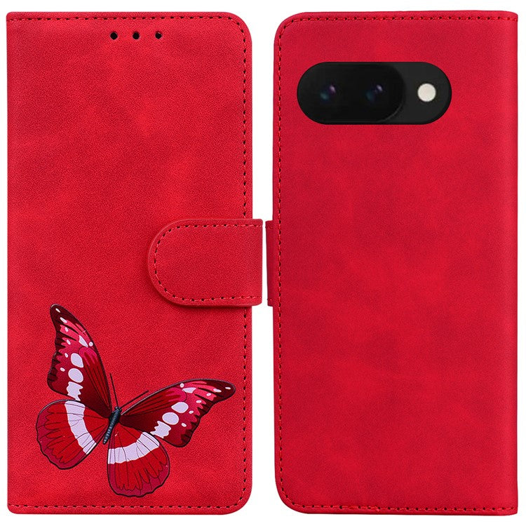 For Google Pixel 9a Stand Case PU Leather Phone Cover Butterfly Printed - Red