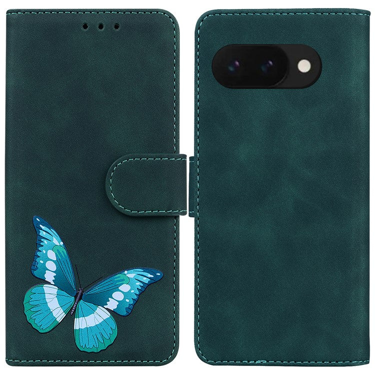 For Google Pixel 9a Stand Case PU Leather Phone Cover Butterfly Printed - Green