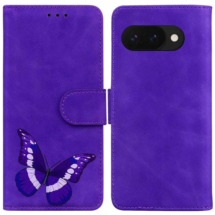 For Google Pixel 9a Stand Case PU Leather Phone Cover Butterfly Printed - Purple