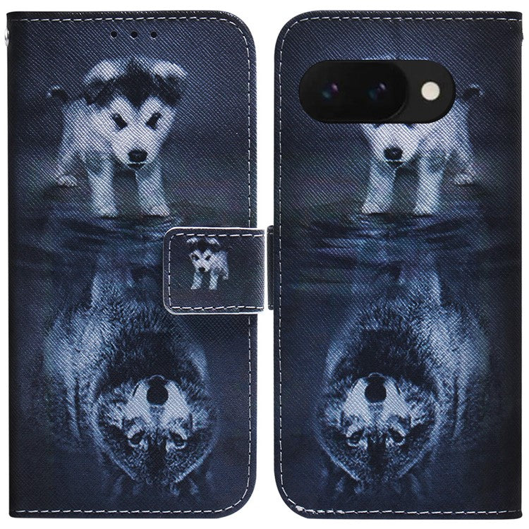 For Google Pixel 9a Wallet Case Pattern Print Leather Phone Cover - Dog and Wolf