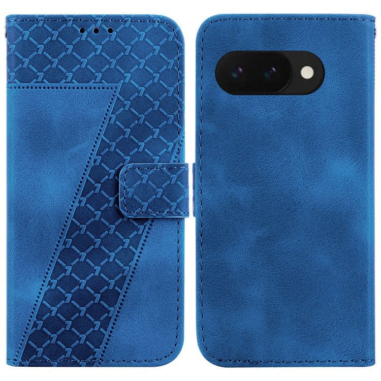 For Google Pixel 9a Stand Case 7-Shaped Pattern Imprint Leather Phone Cover - Dark Blue