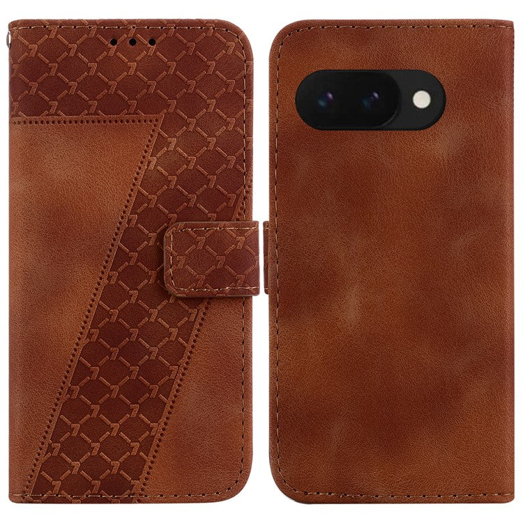 For Google Pixel 9a Stand Case 7-Shaped Pattern Imprint Leather Phone Cover - Brown