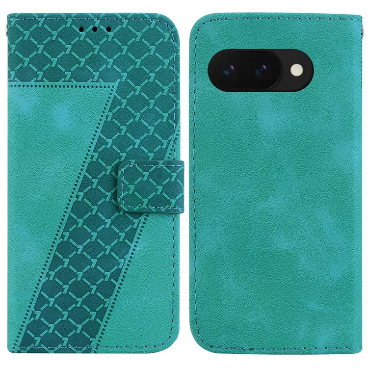 For Google Pixel 9a Stand Case 7-Shaped Pattern Imprint Leather Phone Cover - Green