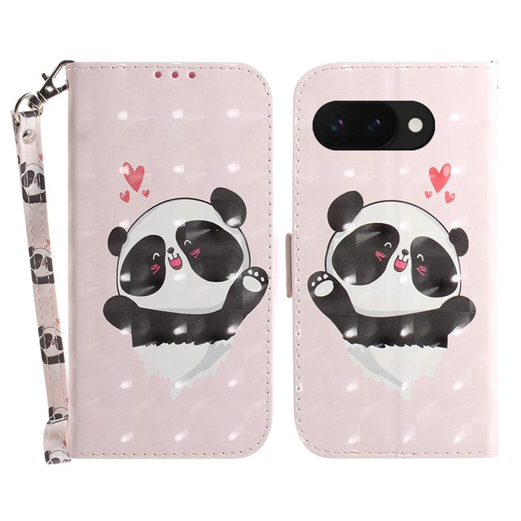 For Google Pixel 9a Case Pattern Printing Leather Wallet Phone Cover - Love Heart Panda