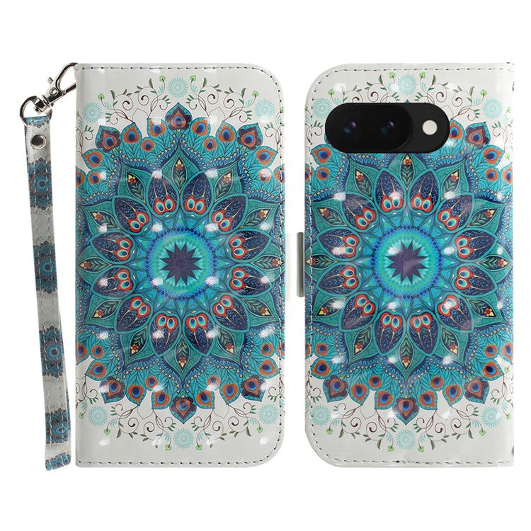 For Google Pixel 9a Case Pattern Printing Leather Wallet Phone Cover - Peacock Wreath